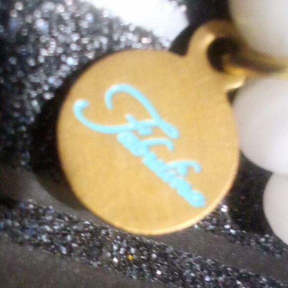 Signed Fabulina Faceted White Quartz Beaded and Gold Tone Stretch Bracelet - Picture 3 of 5